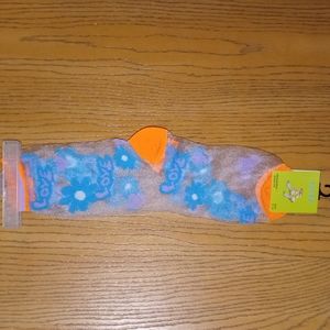 🆕 Sheer w/ Orange/blue/purple LOVE W/ 🌸 & 💗 STITCHED socks **SEE PICS**